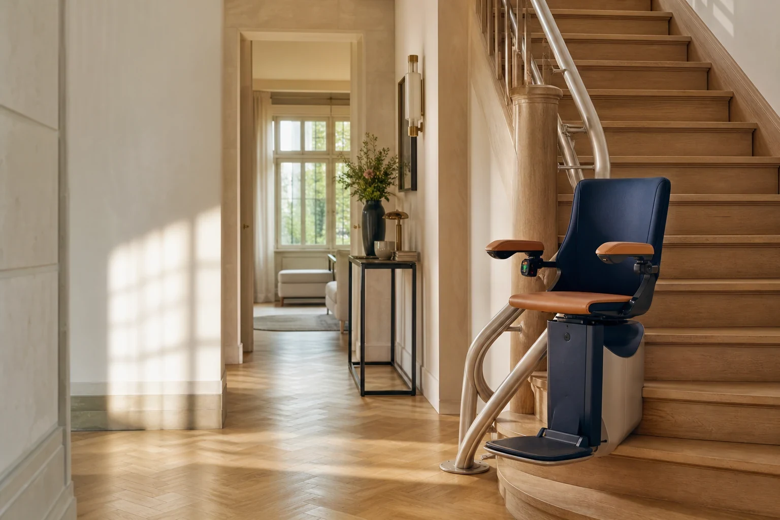 Elegante traplift op een gebogen houten trap